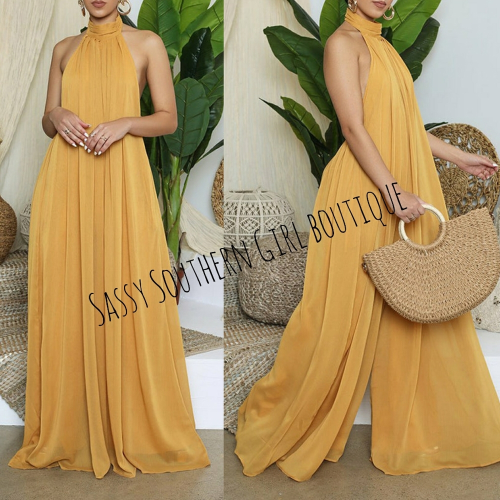 🆕⭐Yellow Gold chiffon halter wide leg jumpsuit